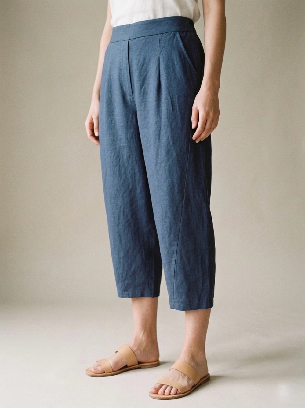 Le Nove Linen Wide Leg Cropped Pull On Pants O/S Size Large Navy Blue Italy